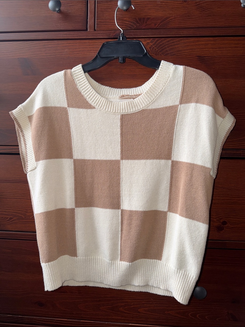 Moon & Madison Checkered Knit Sweater Top Medium Beige Cream Cotton Blend